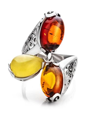 Multicolor Amber Ring In Sterling Silver With Dangle Bead The Casablanca, Ring Size: 13 / 22, image , picture 4