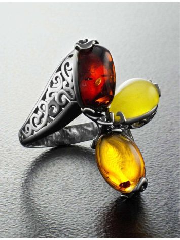 Multicolor Amber Ring In Sterling Silver With Dangle Bead The Casablanca, Ring Size: 6 / 16.5, image , picture 2