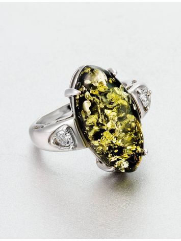 Luminous Green Amber Ring In Sterling Silver With Crystals The Penelope, Ring Size: 5.5 / 16, image , picture 2