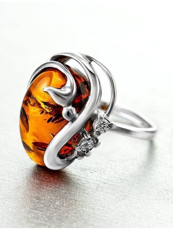 Cognac Amber Ring In Sterling Silver With Crystals The Swan, Ring Size: 6 / 16.5, image , picture 2