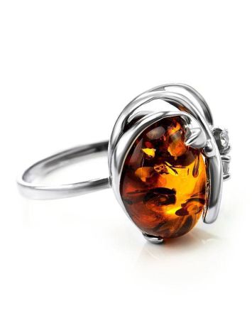 Cognac Amber Ring In Sterling Silver With Crystals The Swan, Ring Size: 12 / 21.5, image 