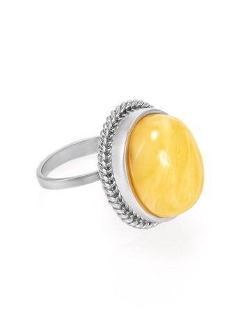 Elegant Round Honey Amber Ring In Sterling Silver The Glow, Ring Size: Adjustable, image 