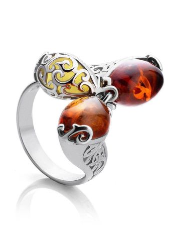 Multicolor Amber Ring In Sterling Silver With Dangle Bead The Casablanca, Ring Size: 6 / 16.5, image 