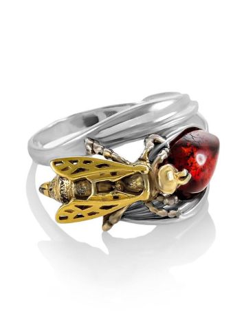 Sterling Silver Ring With Cherry Amber The Bee, Ring Size: 5.5 / 16, image 
