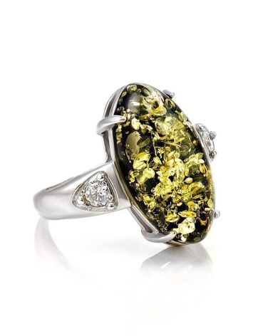 Luminous Green Amber Ring In Sterling Silver With Crystals The Penelope, Ring Size: 12 / 21.5, image 