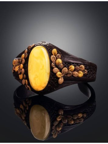 Dark Leather Cuff Bracelet With Honey Amber The Nefertiti, image , picture 2