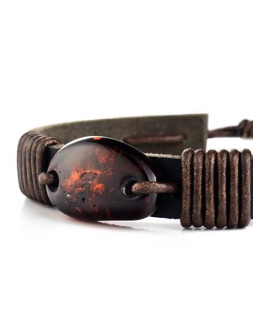 Dark Leather Tie Bracelet With Cognac Amber The Copacabana, image , picture 4