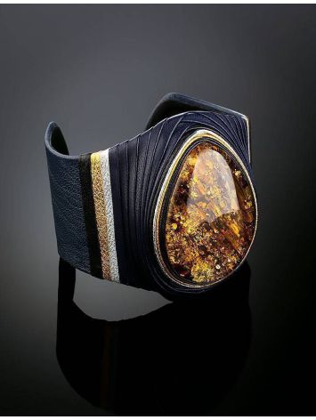 Dark Leather Cuff Bracelet With Green Amber The Nefertiti, image , picture 2