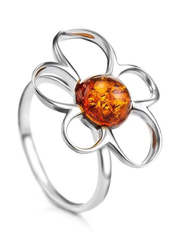 Sterling Silver Ring With Luminous Cognac Amber The Daisy, Ring Size: 13 / 22, image 