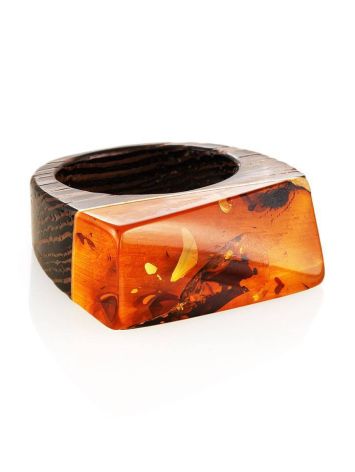 Boho Style Wenge Wood Ring With Bright Lemon Amber The Indonesia, Ring Size: 7 / 17.5, image , picture 3