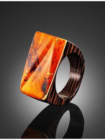 Boho Style Wenge Wood Ring With Bright Lemon Amber The Indonesia, Ring Size: 7 / 17.5, image , picture 2