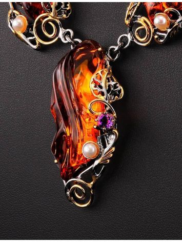 Cognac Amber Necklace In Gold-Plated Silver With Cultured Pearls The Triumph, image , picture 3