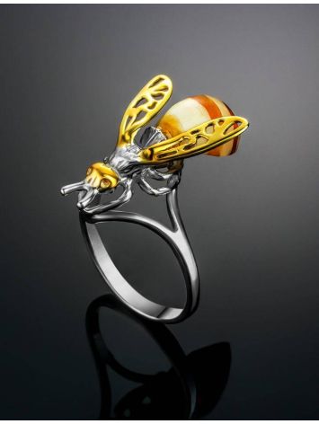 Cocktail Amber Ring In Gold-Plated Silver The Bee, Ring Size: 13 / 22, image , picture 2