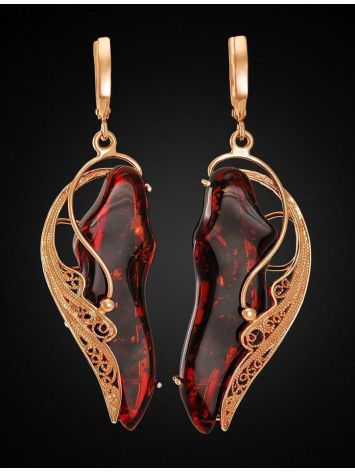 Bold Gold-Plated Earrings With Luminous Cherry Amber The Dew, image , picture 3