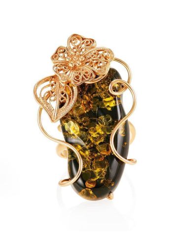 Charming Handmade Green Amber Ring In Gold-Plated Silver The Dew, Ring Size: Adjustable, image , picture 3