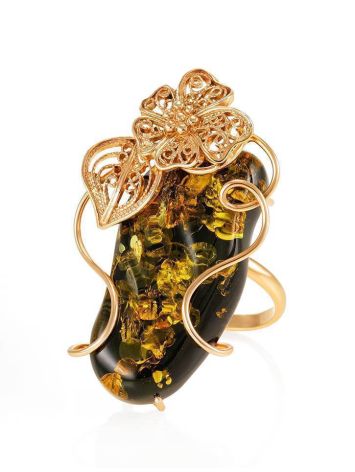 Charming Handmade Green Amber Ring In Gold-Plated Silver The Dew, Ring Size: Adjustable, image , picture 4