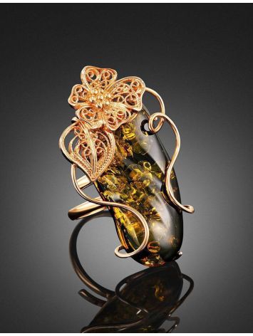 Charming Handmade Green Amber Ring In Gold-Plated Silver The Dew, Ring Size: Adjustable, image , picture 2