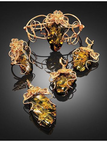 Charming Handmade Green Amber Ring In Gold-Plated Silver The Dew, Ring Size: Adjustable, image , picture 5