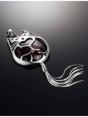 Cat Motif Silver Amber Pendant With Tassel, image , picture 2