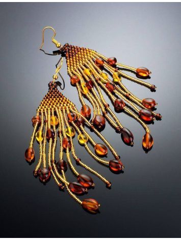 Braided Earrings With Cognac Amber And Yellowish Glass Beads The Fable, image , picture 2