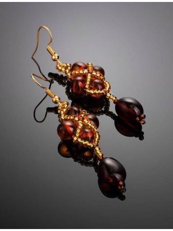 Multicolor Amber Drop Earrings With Brownish Glass Beads The Fable, image , picture 2