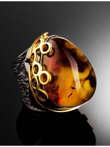 Bold Handcrafted Cocktail Ring With Cognac Amber In Gold-Plated Silver The Sirena, Ring Size: Adjustable, image , picture 2