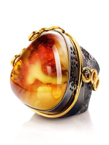 Bold Handcrafted Cocktail Ring With Cognac Amber In Gold-Plated Silver The Sirena, Ring Size: Adjustable, image , picture 4