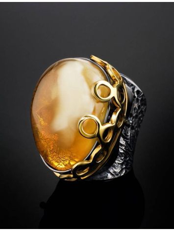 Bold Gold-Plated Cocktail Ring With Honey Amber The Sirena, Ring Size: Adjustable, image , picture 2