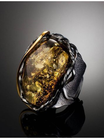 Adjustable Green Amber Cocktail Ring In Gold-Plated Silver The Sirena, Ring Size: Adjustable, image , picture 3