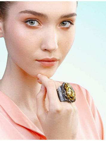 Adjustable Green Amber Cocktail Ring In Gold-Plated Silver The Sirena, Ring Size: Adjustable, image , picture 2