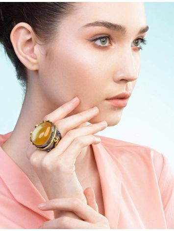 Bold Gold-Plated Cocktail Ring With Honey Amber The Sirena, Ring Size: Adjustable, image , picture 3