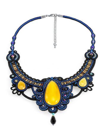 Blue Textile Braided Necklace With Honey Amber And Crystals The India, image , picture 3