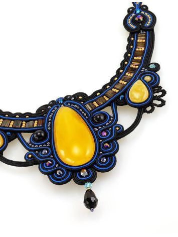 Blue Textile Braided Necklace With Honey Amber And Crystals The India, image , picture 4