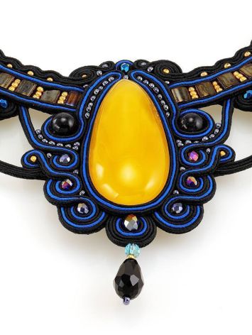 Blue Textile Braided Necklace With Honey Amber And Crystals The India, image , picture 6