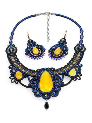 Blue Textile Braided Necklace With Honey Amber And Crystals The India, image , picture 7