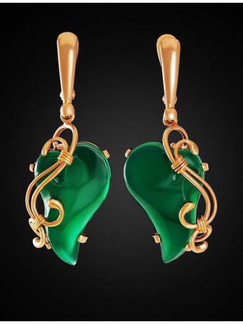 Gold-Plated Dangle Earrings With Green Synthetic Onyx The Serenade, image , picture 2