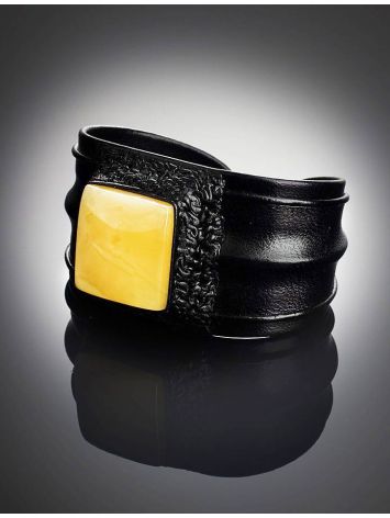 Black Leather Cuff Bracelet With Honey Amber The Nefertiti, image , picture 2