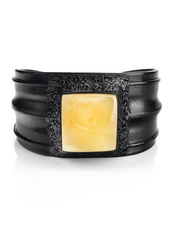 Black Leather Cuff Bracelet With Honey Amber The Nefertiti, image , picture 3