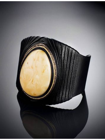 Black Leather Cuff Bracelet With White Amber The Nefertiti, image , picture 2