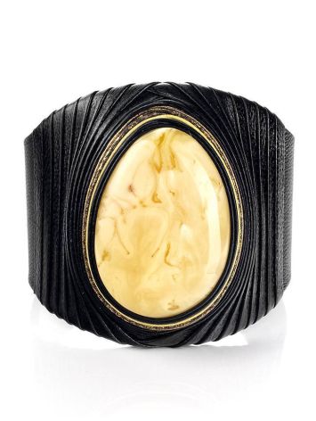 Black Leather Cuff Bracelet With White Amber The Nefertiti, image , picture 3