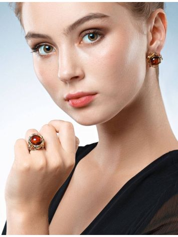 Adjustable Gold-Plated Ring With Cognac Amber And Crystals The Pompadour, Ring Size: Adjustable, image , picture 3