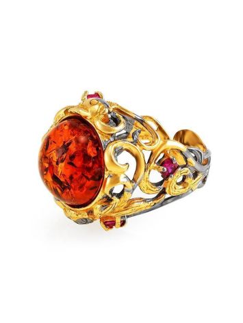 Adjustable Gold-Plated Ring With Cognac Amber And Crystals The Pompadour, Ring Size: Adjustable, image , picture 4