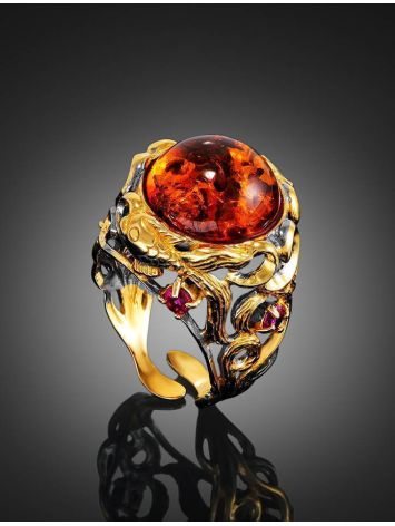 Adjustable Gold-Plated Ring With Cognac Amber And Crystals The Pompadour, Ring Size: Adjustable, image , picture 2