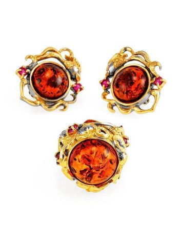 Round Gold-Plated Earrings With Cognac Amber And Crystals The Pompadour, image , picture 6