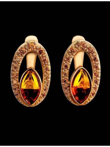 Cognac Amber Earrings In Gold With Champagne Crystals The Raphael, image , picture 2