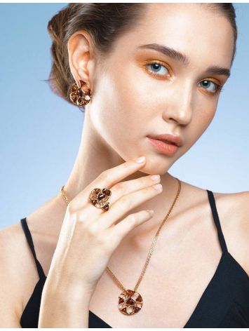 Round Gold-Plated Earrings With Cognac Amber The Domino, image , picture 4