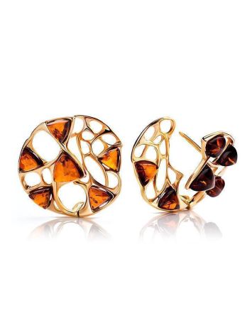 Round Gold-Plated Earrings With Cognac Amber The Domino, image , picture 3
