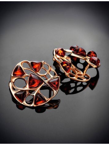 Round Gold-Plated Earrings With Cognac Amber The Domino, image , picture 2