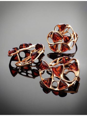 Round Gold-Plated Earrings With Cognac Amber The Domino, image , picture 5