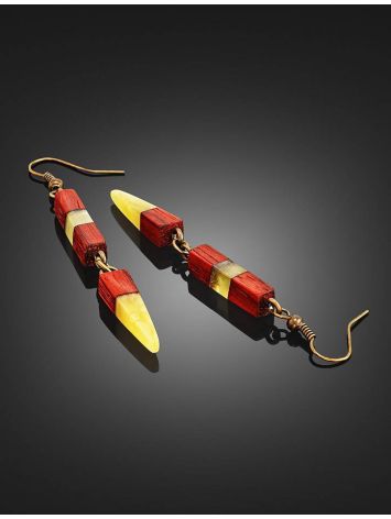 Handmade Padauk Wood Dangle Earrings With Honey Amber And Brass The Indonesia, image , picture 2